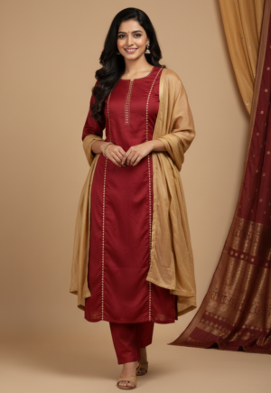 Women’s stylish ethnic maroon modal cotton satin kurta set – premium quality festive wear by The Ms Cotton.”